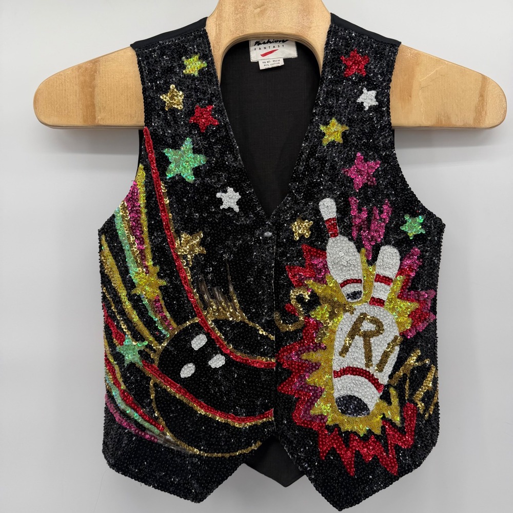Fashion Fantasy Sequin Vest Women L Black Bowling Pins Stars Vintage Retro VNeck